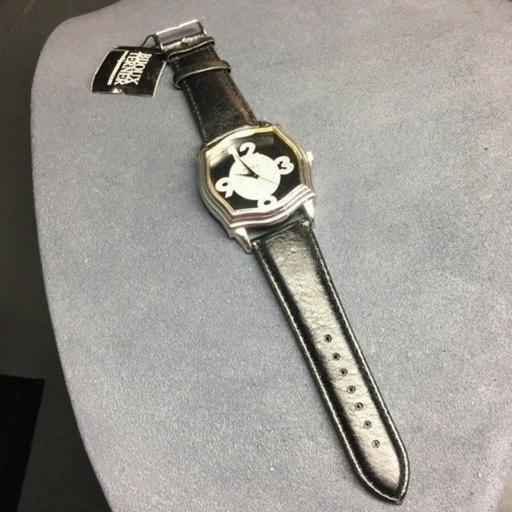Bijoux Terner Leather Watch Tags As Is Black Silver Rhinestone Retro BoHo